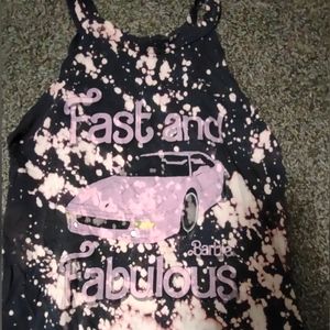 DIY bleached Barbie 'Fast and Fabulous' pink car graphic tank top size medium